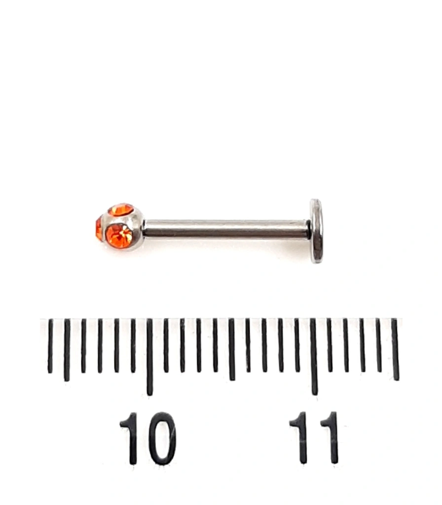Лабрет Титан с Шариком в Стразах (красных) 1,2 х 10 х 3