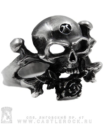 кольцо череп и кости с розой
