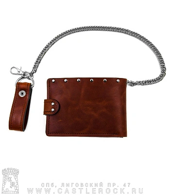 портмоне с цепью король и шут (гравировка, на кнопке, коричневое, ручная работа)