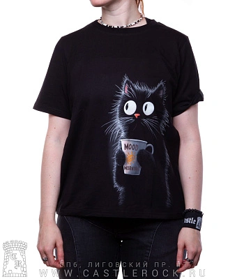 женская футболка котенок с кофе "mood morning" (прямая, светится)