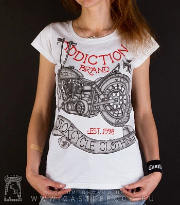 женская футболка addiction мотоцикл "motorcycle clothing" (белая)