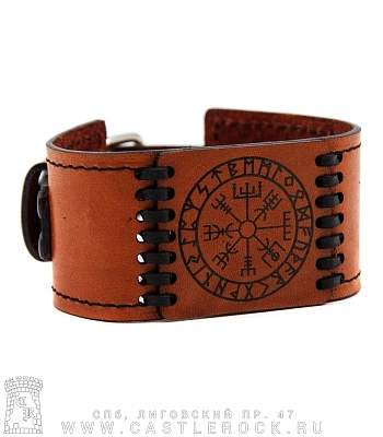 браслет кожаный с гравировкой вегвизир компас викингов в руническом круге