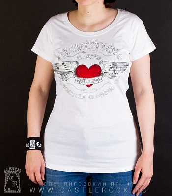 женская футболка addiction сердце с крыльями "motorcycle clothing" (белая)