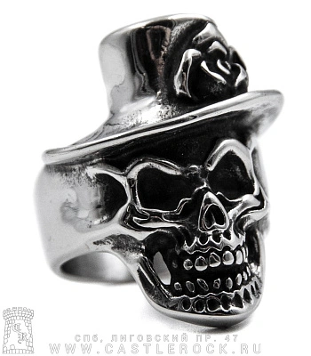 перстень череп в шляпе с розой