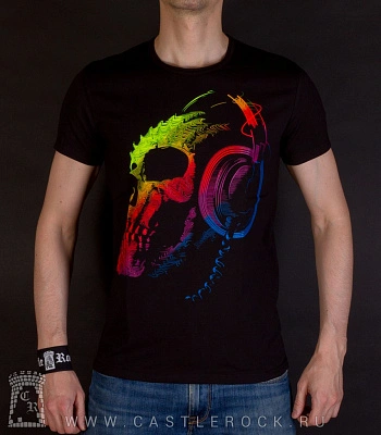 футболка череп в наушниках яркий (светится)