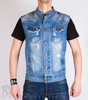 жилет джинсовый голубой (протертый, воротник-стойка) т305
