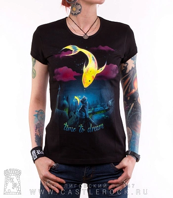 женская футболка котик и золотая рыбка "time to dream" (светится)