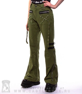 брюки женские бэгги зеленые (клепки, молнии)