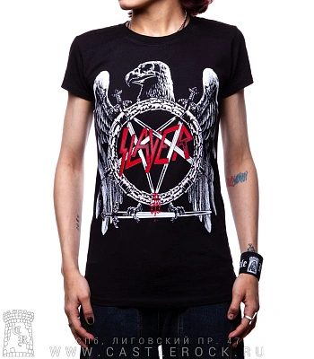 женская футболка slayer (орел ч/б, надпись красная)