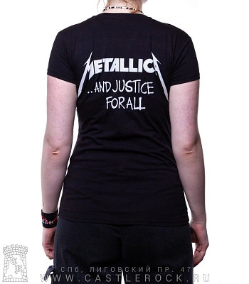 женская футболка metallica "and justice for all" (ч/б, принт большой, стена)