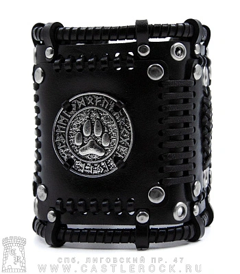 напульсник кожаный стимпанк черный (bspkv-5) след волка в руническом круге