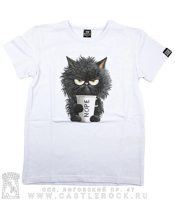 футболка детская котенок с кофе "nope" (белая, светится)