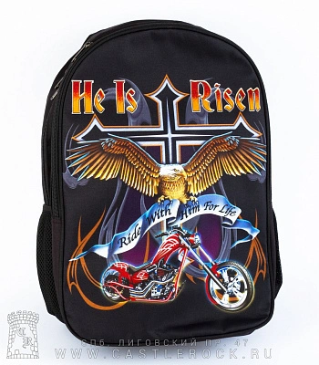 рюкзак принт орел, байк и крест "he is risen"