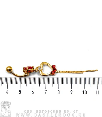 Банан Сталь Золотистый с Шариком и Стразом с Подвеской Сердце и Цепи (стразы красные) 1,6 х 10 х 5/8