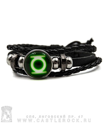 фенечка кожаная кабошон green lantern зеленый фонарь (черная)
