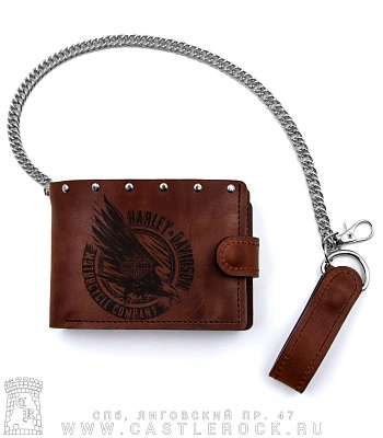 портмоне с цепью harley-davidson (гравировка, на кнопке, коричневое, ручная работа)