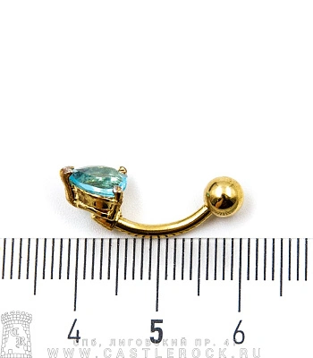 Банан Сталь Золотистый с Шариком и Стразом Сердце (голубым) 1,6 х 10 х 5/7