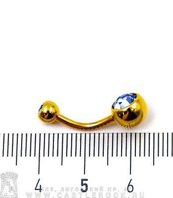 Банан Сталь Золотистый с Шариками со Стразами (синими светлыми) 1,6 х 11 х 5/8