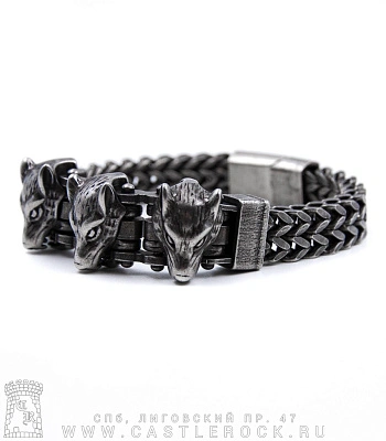браслет стальной волки (цепь колос двойной, затемненный)