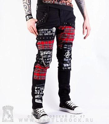 брюки клетка комбинированные с принтами (цепи, клепки)