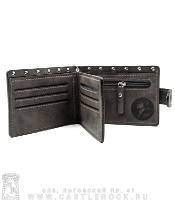 портмоне с цепью кино (гравировка, на кнопке, серое, ручная работа)