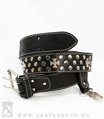 ремень кожаный 3 ряда кресты, клепки, карабин