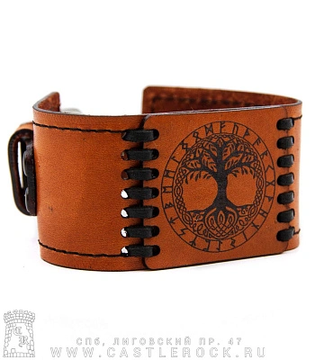 браслет кожаный с гравировкой древо жизни иггдрасиль в руническом круге
