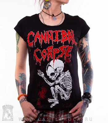 женская футболка cannibal corpse "butchered at birth" (скелет, принт большой)