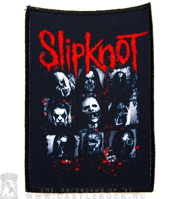 нашивка slipknot (маски ч/б, надпись красная, пятна крови)