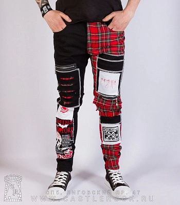 брюки клетка комбинированные с принтами (молнии, нашивки)