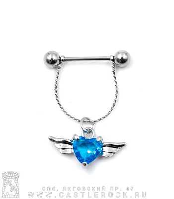 Штанга Сталь Сердце Крылатое на Цепи (страз голубой) 1,6 х 16 х 5/5
