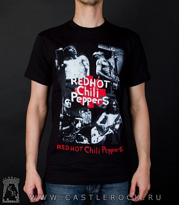 футболка red hot chili peppers (ч/б, надпись красная)