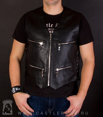 жилет байкерский кожаный на молнии со шнуровкой
