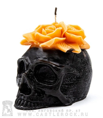 свеча череп и розы (черная, розы оранжевые, воск)