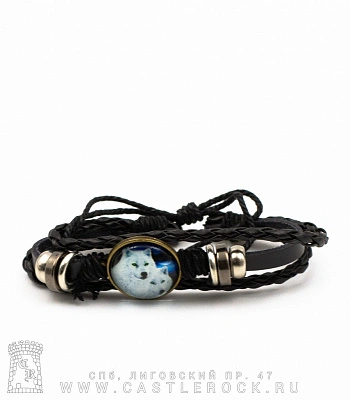 фенечка кожаная кабошон волки белые (черная)