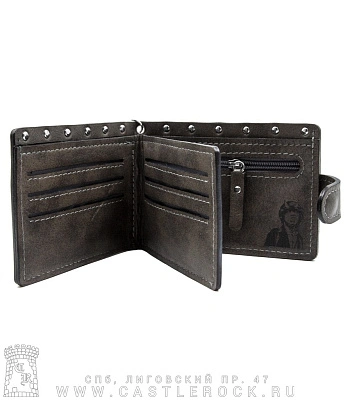 портмоне с цепью ac/dc "high voltage rock'n'roll 1975" (гравировка, на кнопке, серое, ручная работа)