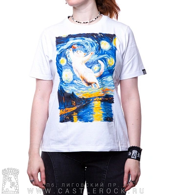 женская футболка ван гог кот (белая, прямая, светится)