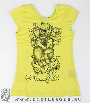 футболка детская addiction сердце череп роза "love to death" (желтая)