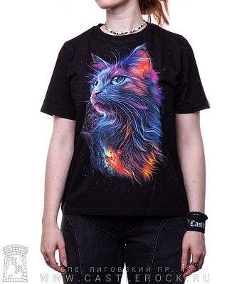 женская футболка кошка космическая (прямая, светится)