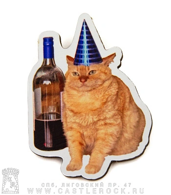 значок деревянный кот в колпаке с вином
