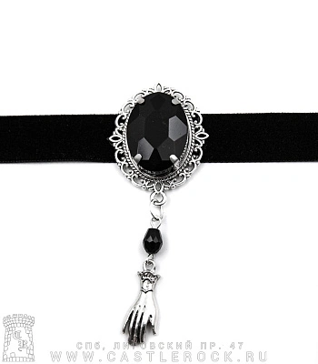 чокер бархатный черный с камнем черным и подвесом ладонь