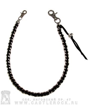 цепь с карабином панцирная с черепом (черная лента)