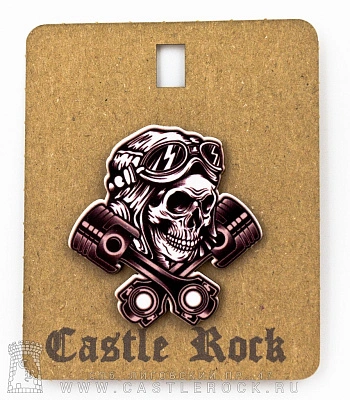 значок деревянный череп байкера и поршни