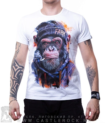 футболка обезьяна в шапке (белая, светится)