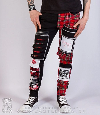 брюки клетка комбинированные с принтами (молнии, нашивки)