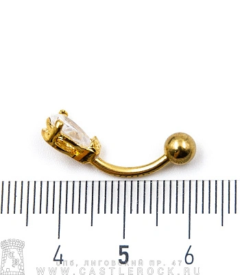 Банан Сталь Золотистый с Шариком и Стразом Капля (прозрачным) 1,6 х 10 х 5/8