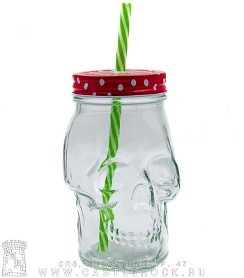 кружка стеклянная череп (с крышкой красной)