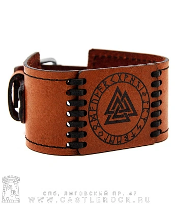 браслет кожаный с гравировкой валькнут в руническом круге