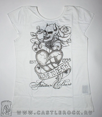 футболка детская addiction сердце череп роза "love to death" (белая)