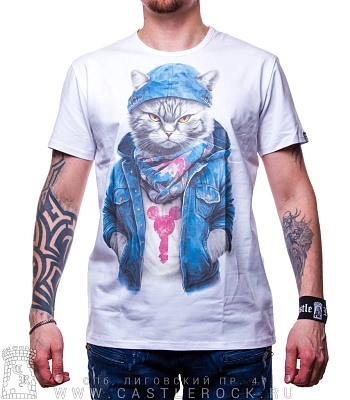 футболка кот модник (белая, светится)